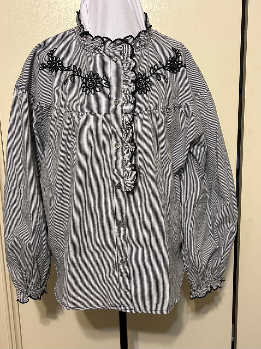 Dear John Black & White Striped Blouse with Black Floral Embroidery